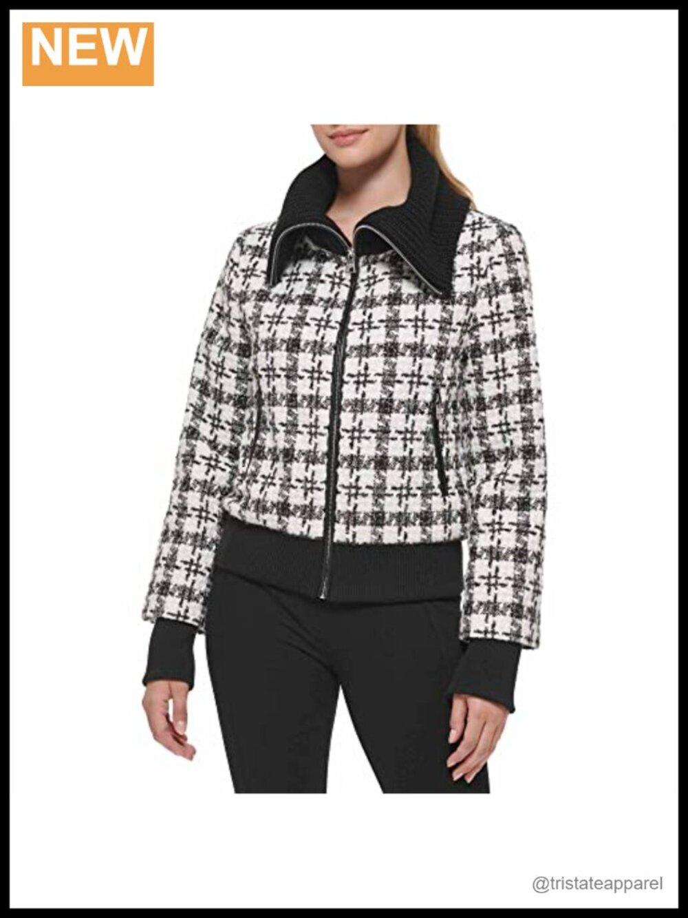 Quilted Bomber Jacket with Knit Collar and Faux Leather Trim